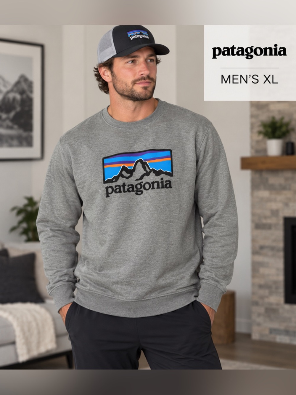 Patagonia men’s XL Grey Crewneck Sweater with Colorful Mountain Logo